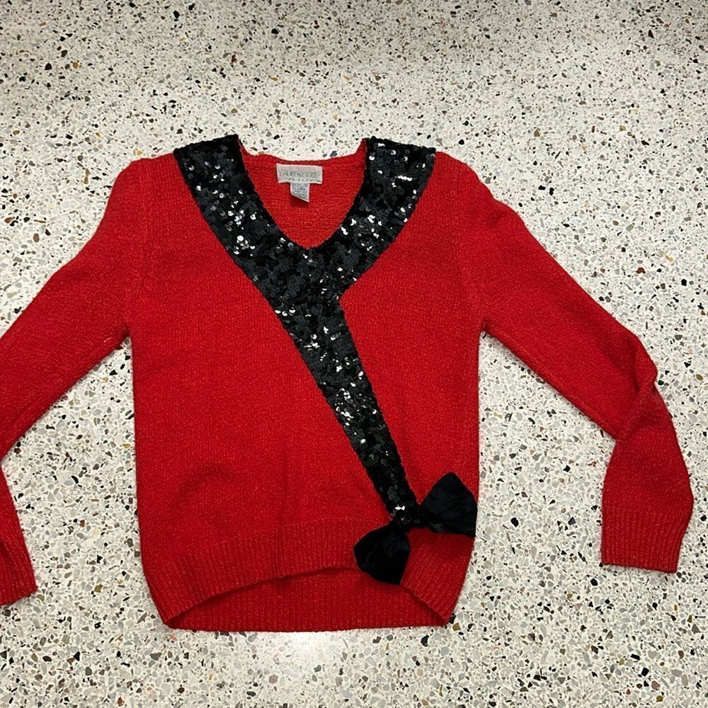 Red Lauren Cole silk angora sequin bow front sweater puff sleeve small s petite